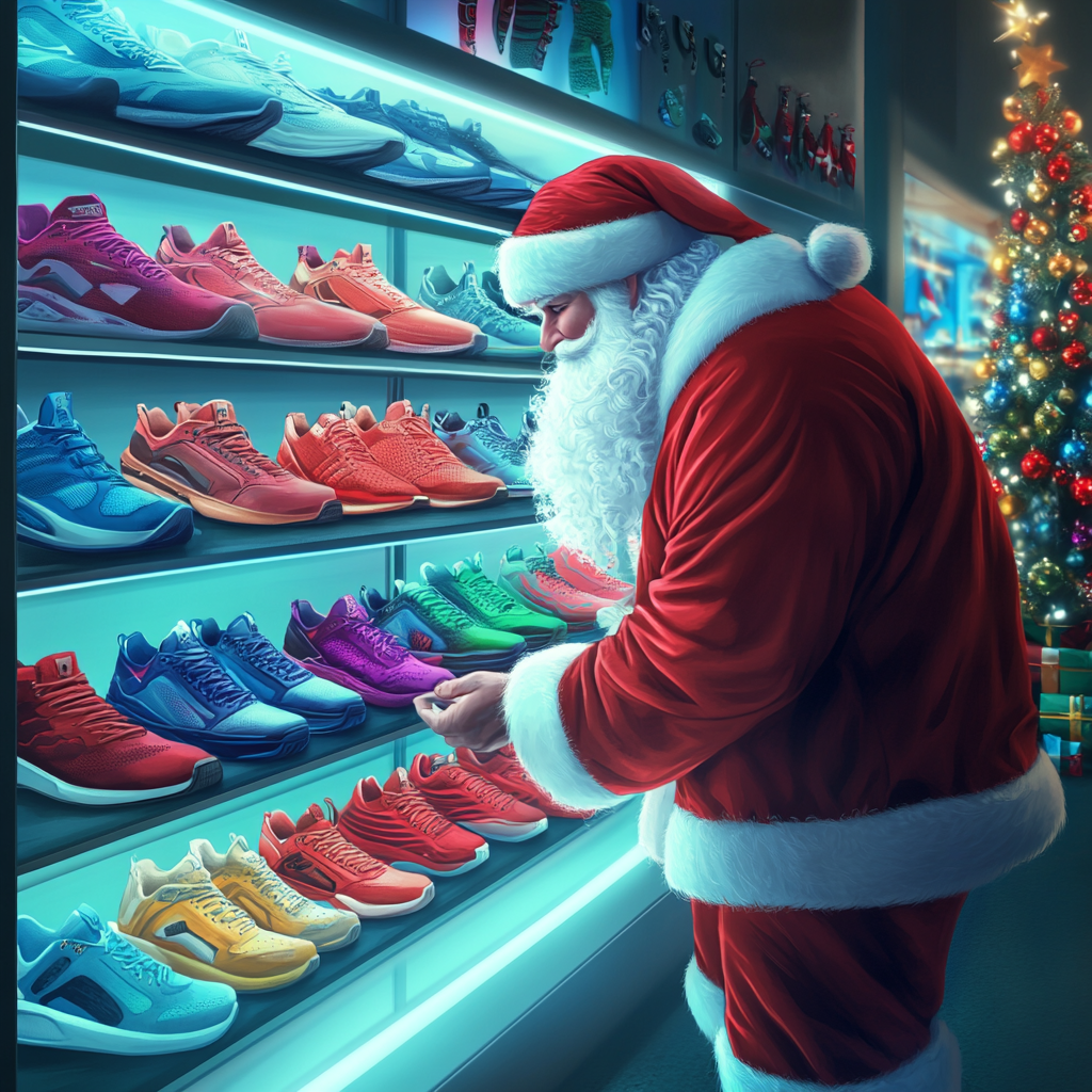 Santa Claus Shopping for Sneakers in Modern Showroom