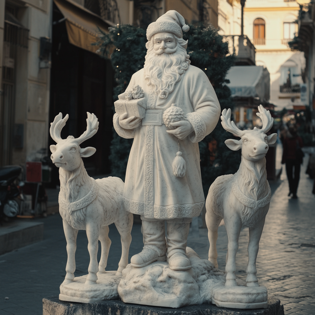 Santa Claus Statue with 2 Marble Reindeers