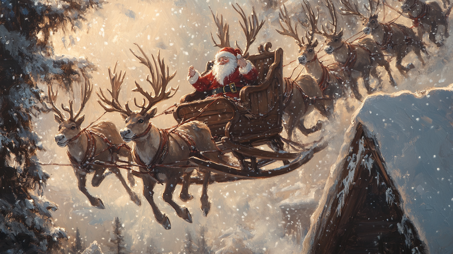 Santa Claus in Sleigh Pulled by 8 Reindeer