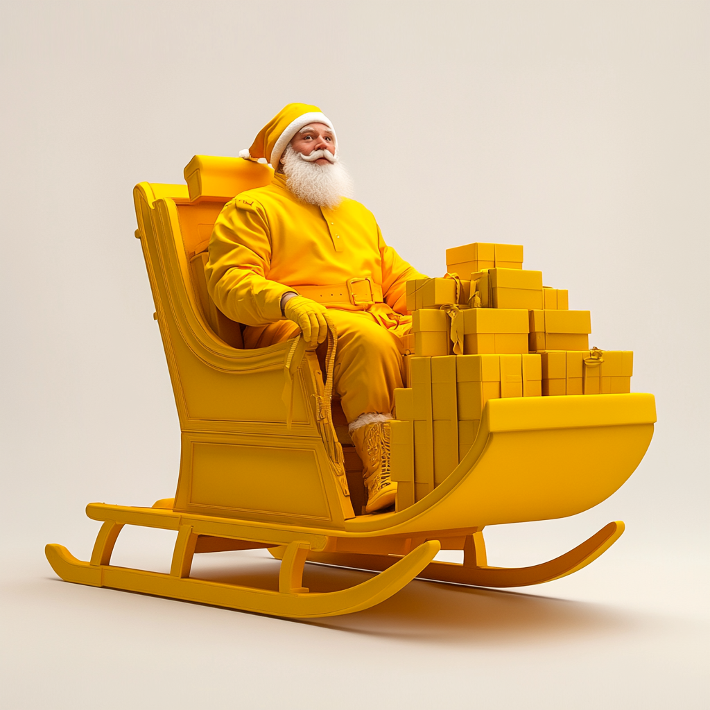 Santa Claus in yellow on a sleigh with gifts