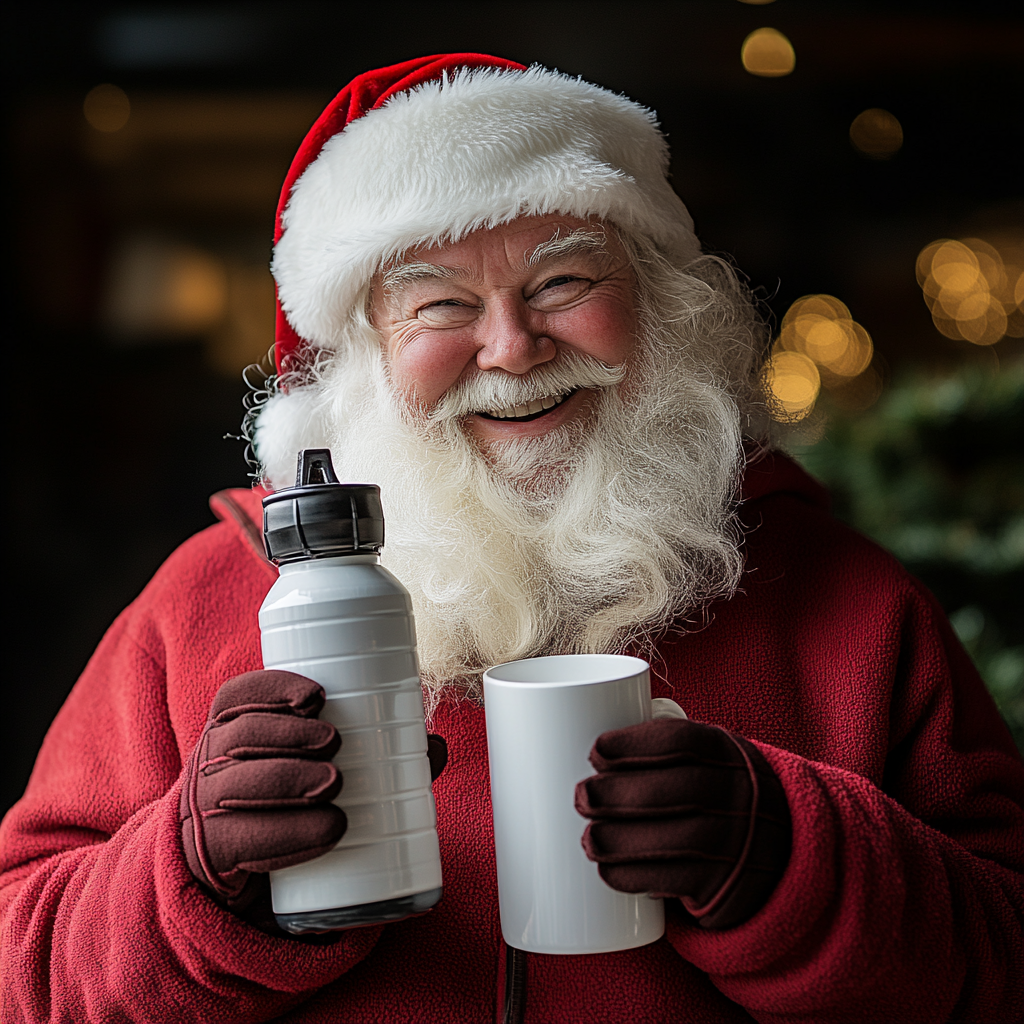 Santa Clause holding insulated water bottle and ceramic mug.