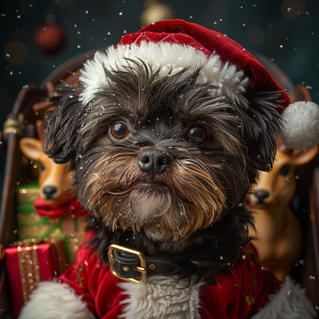 Santa Dog in Sleigh on Snowy Night