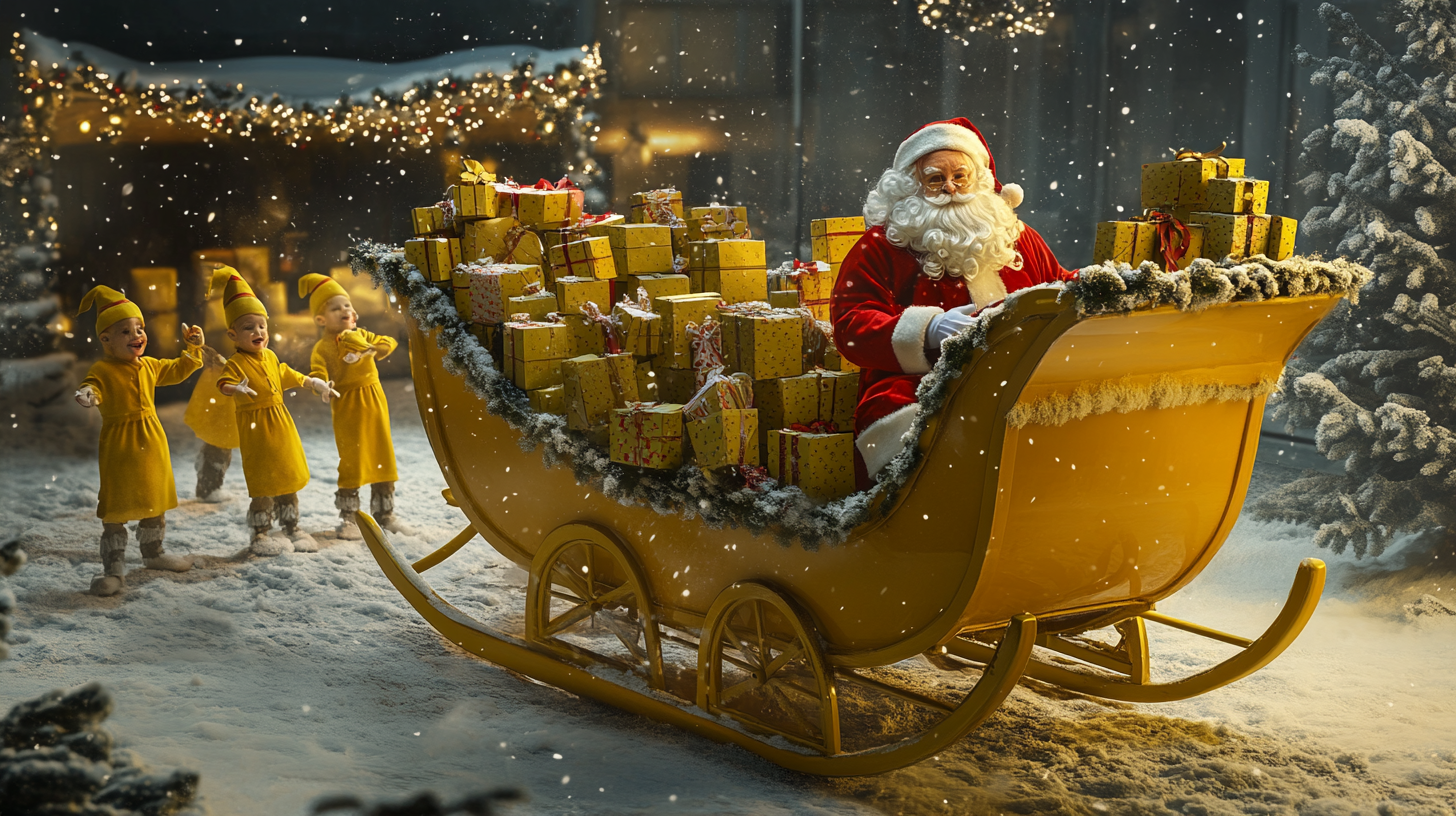 Santa and Elves Loading Gifts into Yellow Sleigh