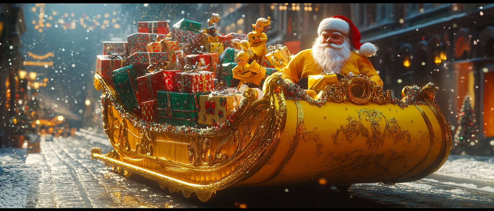 Santa and Elves Loading Gifts on Yellow Sleigh