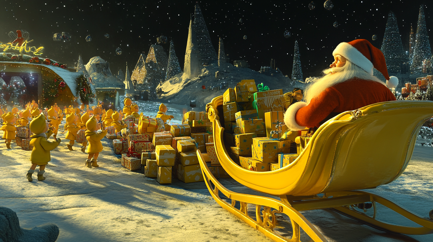 Santa and Elves Preparing Yellow Sleigh at Night