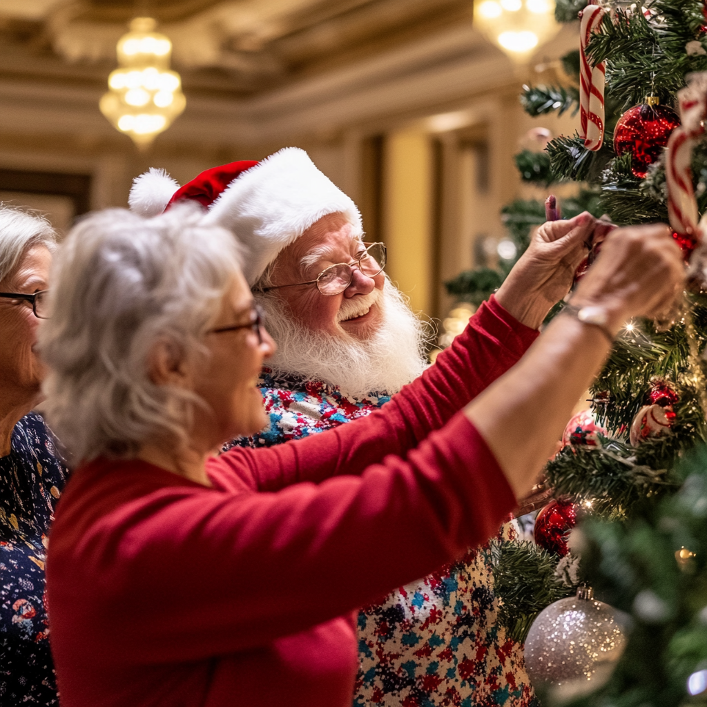 Santa and elderly women decorate trees in festive ballroom