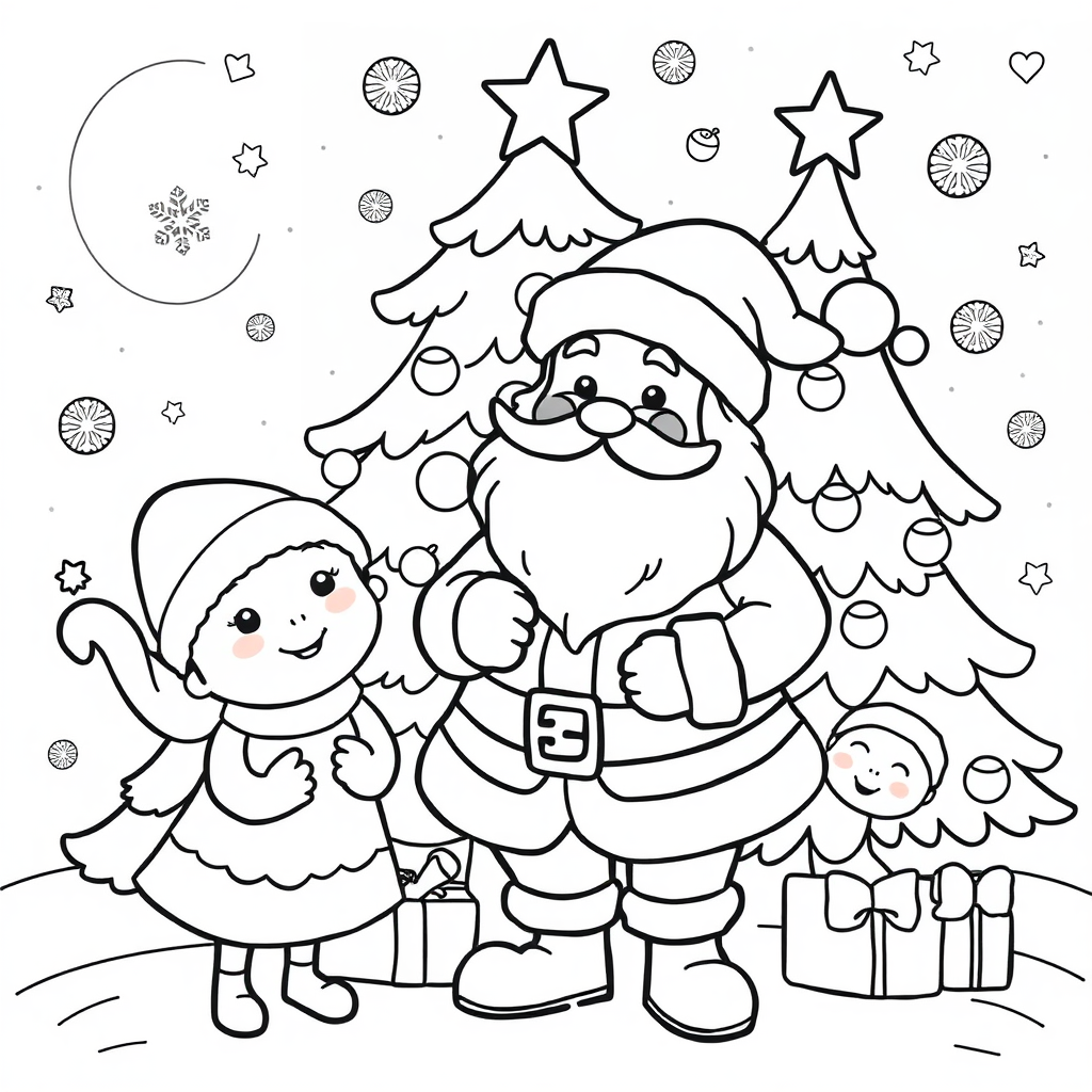 Santa and elves on Christmas coloring pages for kids.