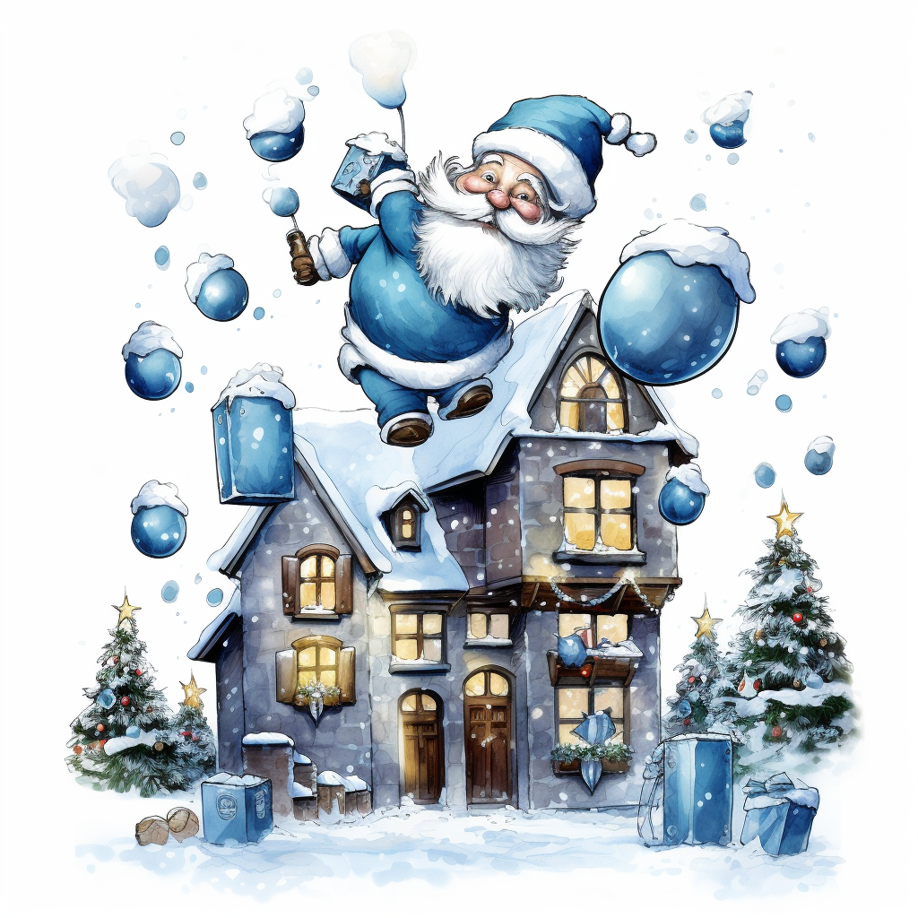 Santa cartoon in blue suit jumps into chimney.