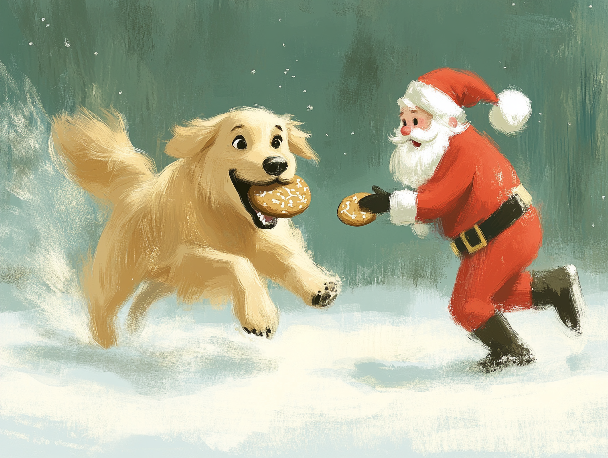 Santa chasing golden retriever with cookie in mouth.