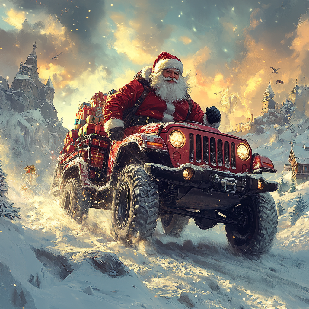 Santa flies a Jeep instead of reindeer