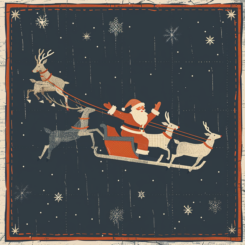 Santa flying left on sleigh with reindeer, quilt style.