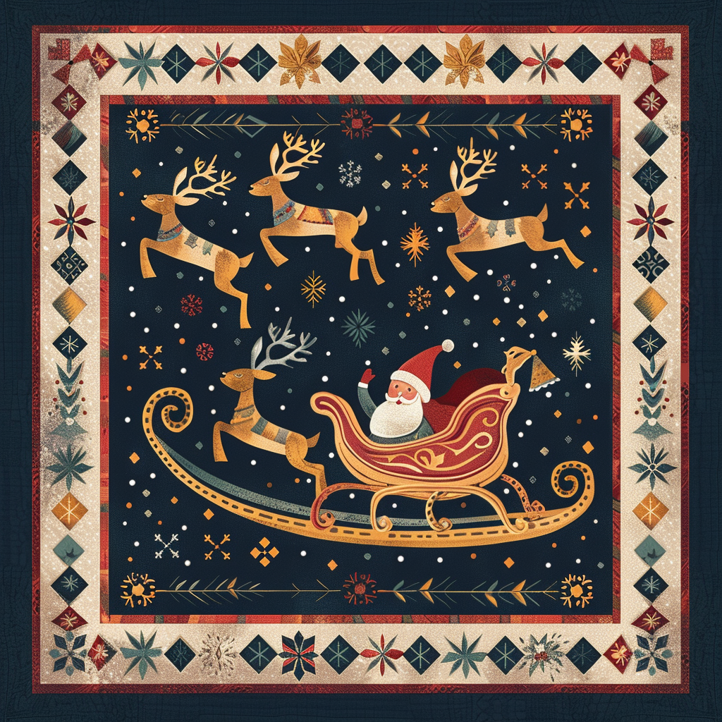 Santa flying on sleigh with reindeer in quilt style.