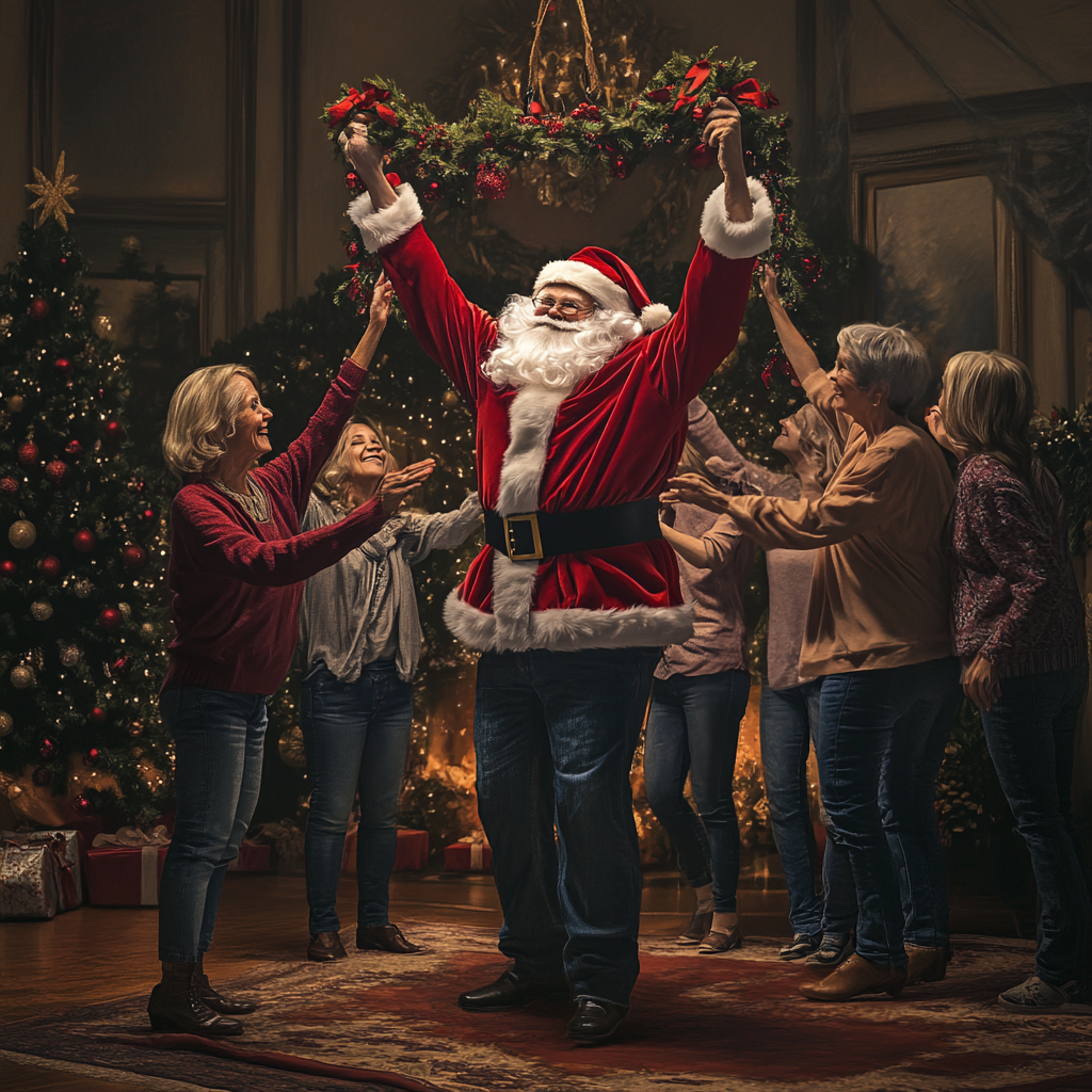 Santa hanging Christmas garlands with stylish elderly women