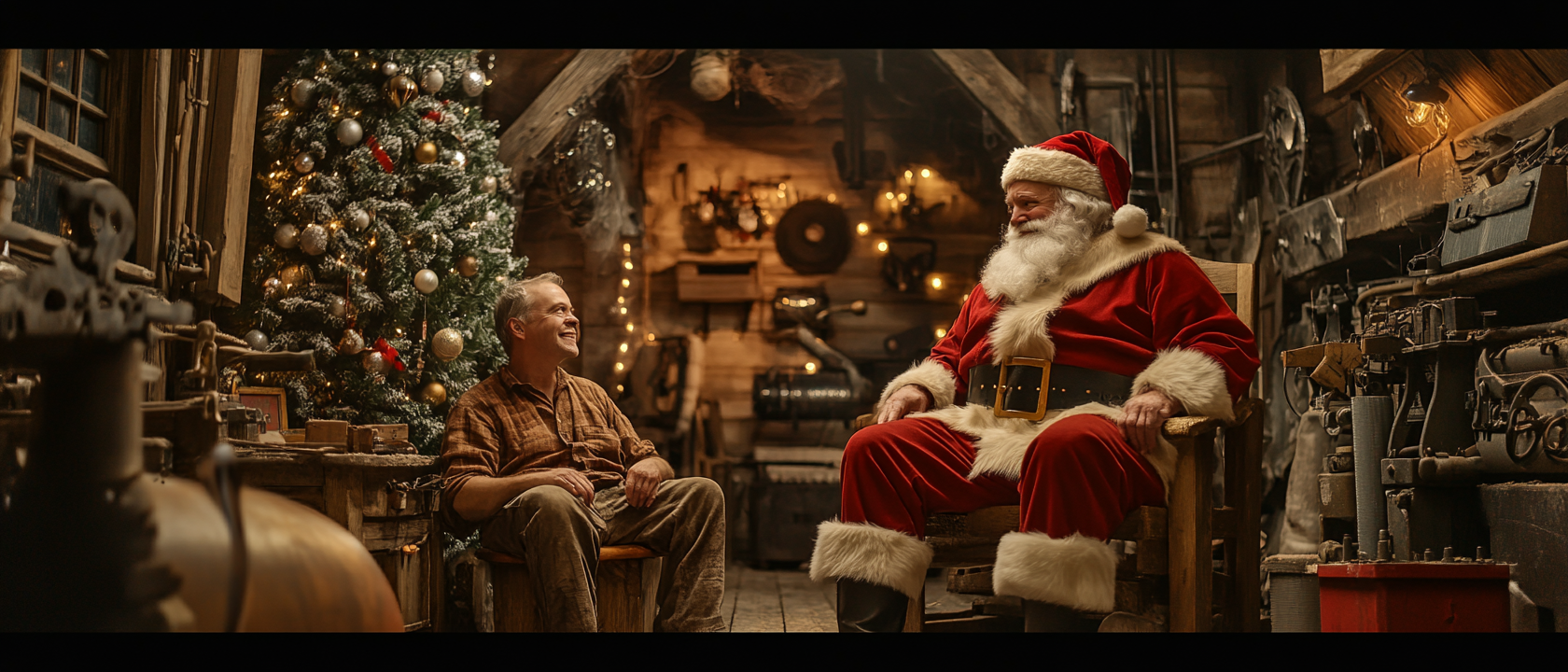 Santa interviewing middle-aged man in metal/wood workshop -ar