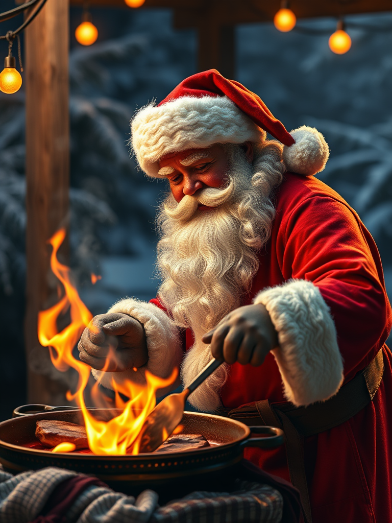 Santa is grilling bbq food in a picture.