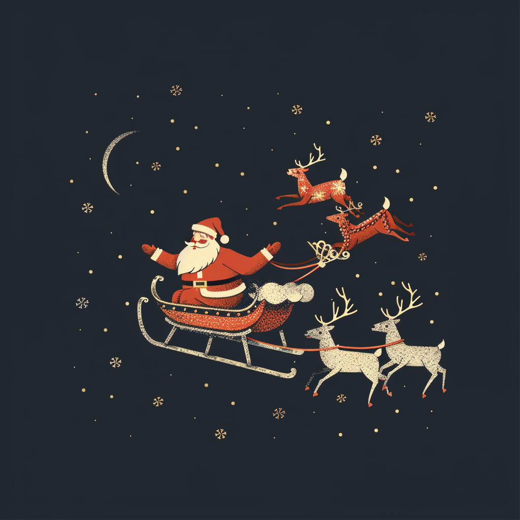 Santa on sleigh with reindeer flying left, cozy style.