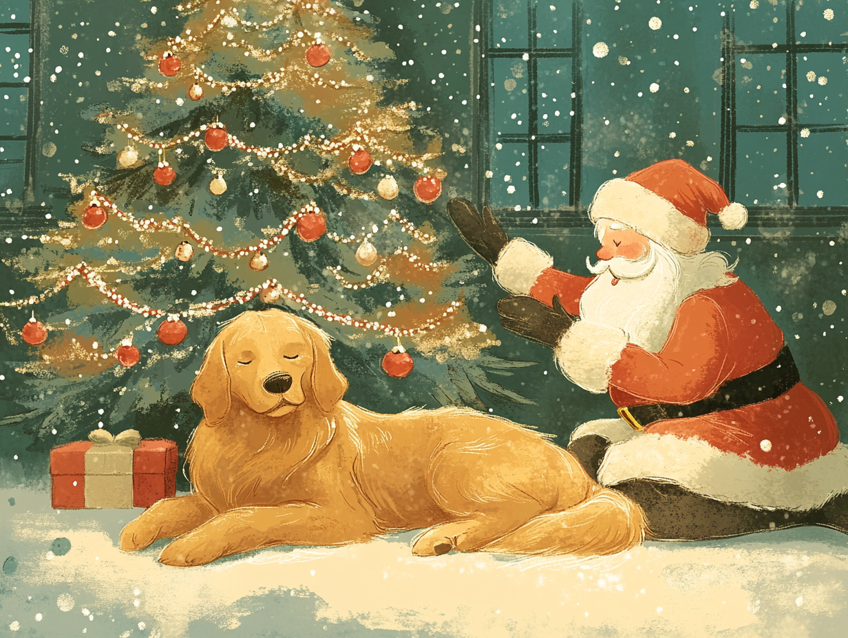 Santa praising Golden Retriever under Christmas tree, children's book.