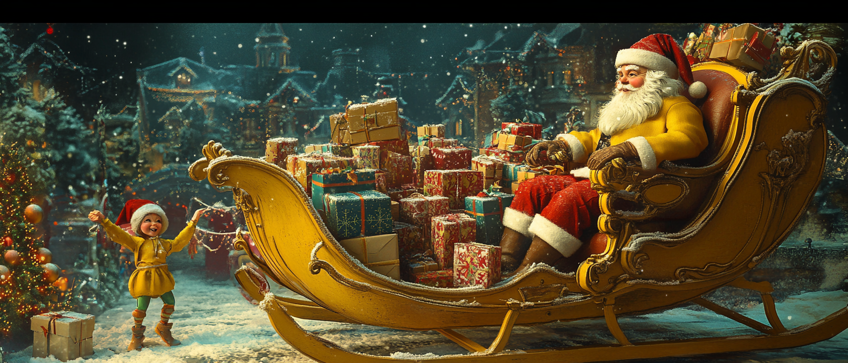 Santa with Elves Loading Gifts on Yellow Sleigh