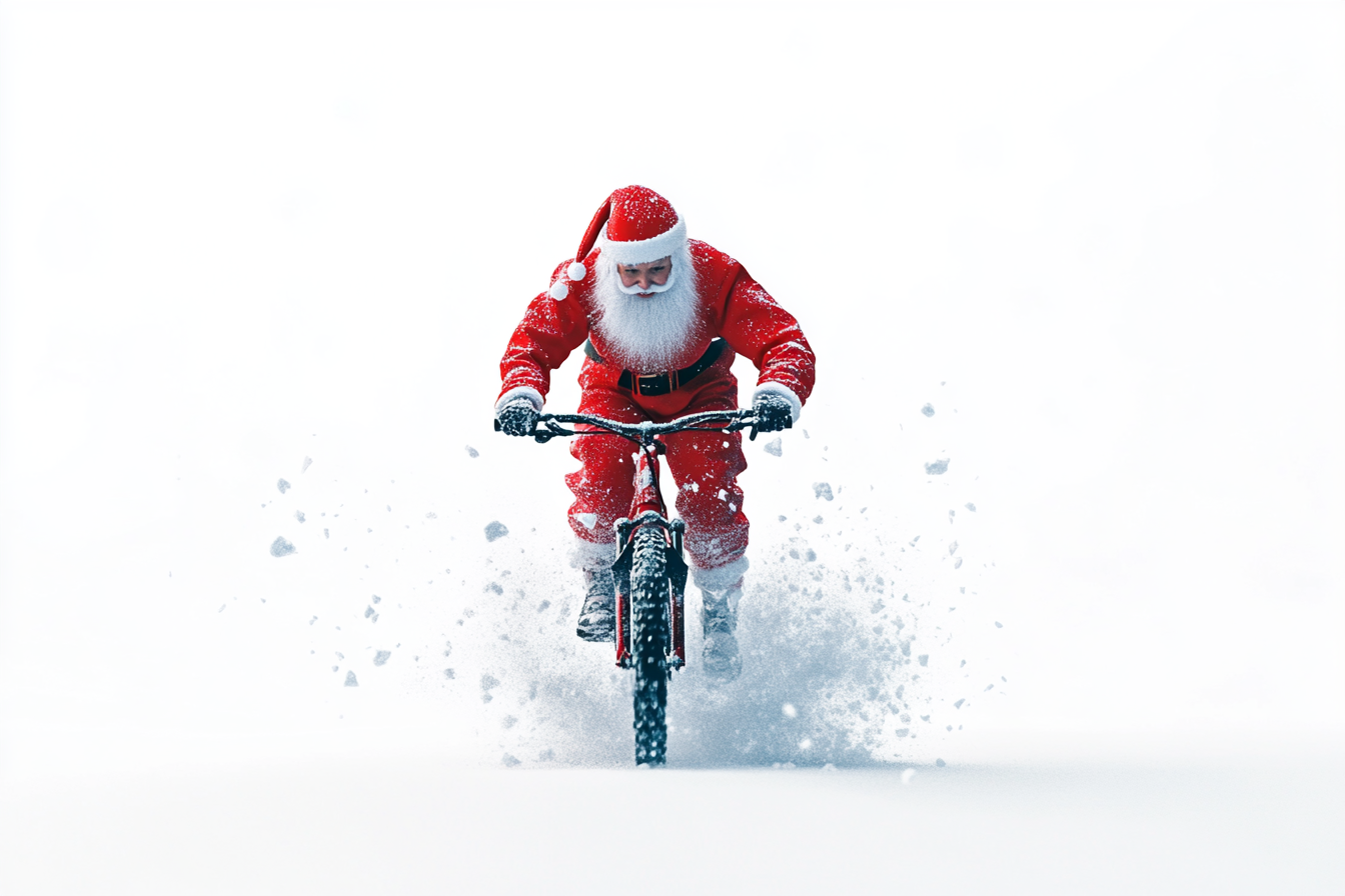 Santa with white beard smiles on bike