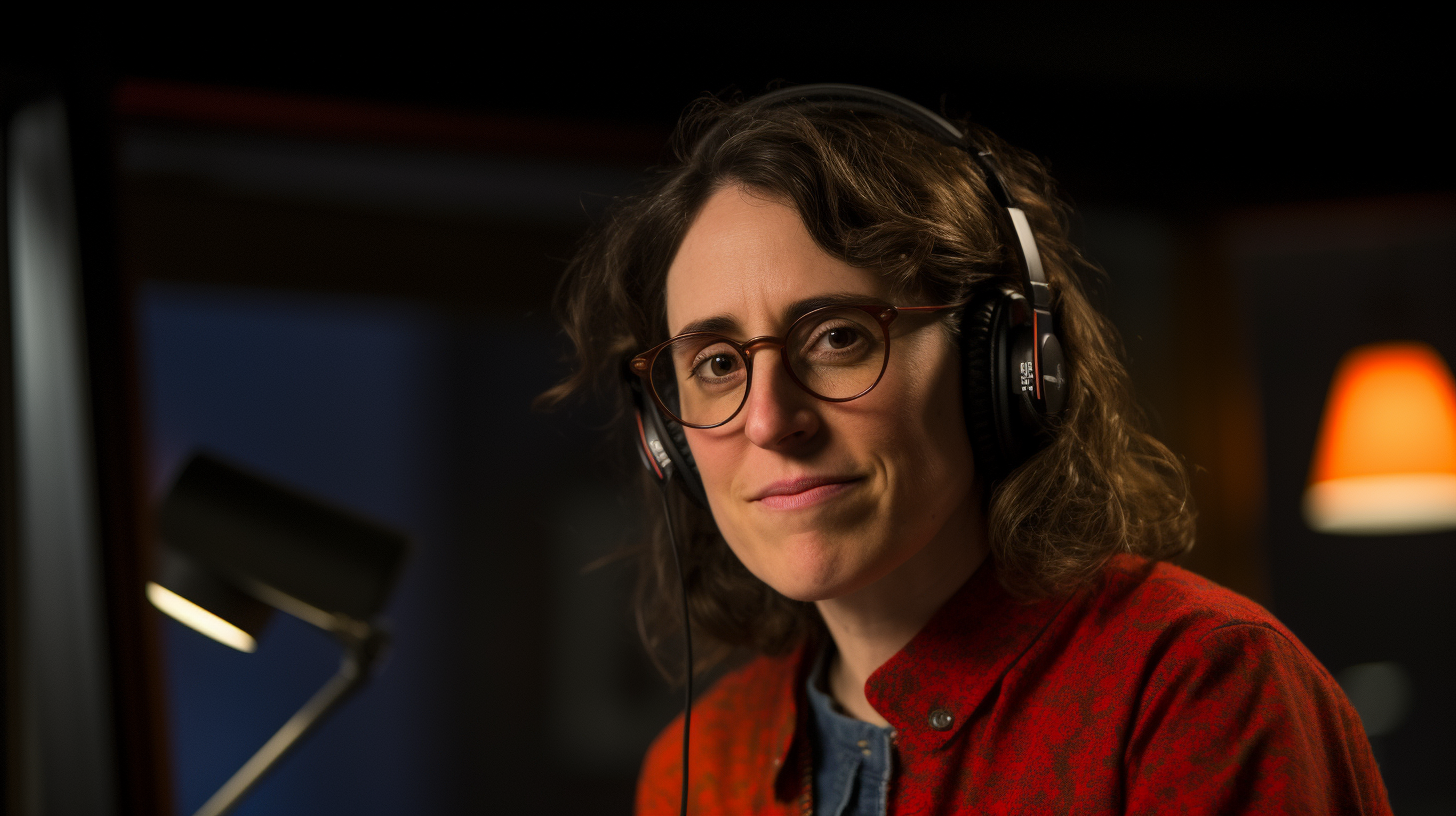 Sarah Koenig recording podcast episode in studio. Glowing sign, notes, real photography.