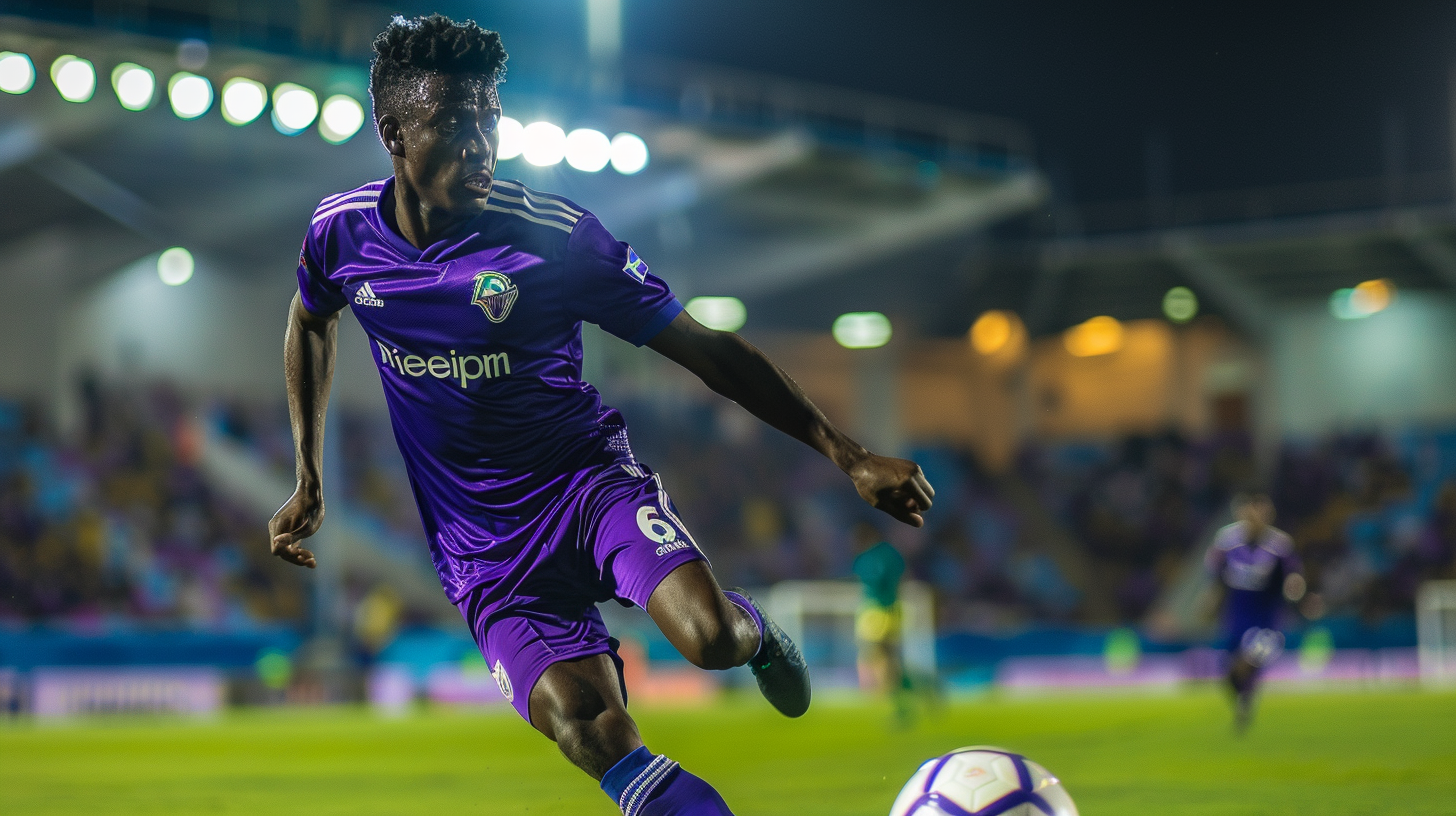 Saudi football player in Fiorentina kit makes defensive tackle.