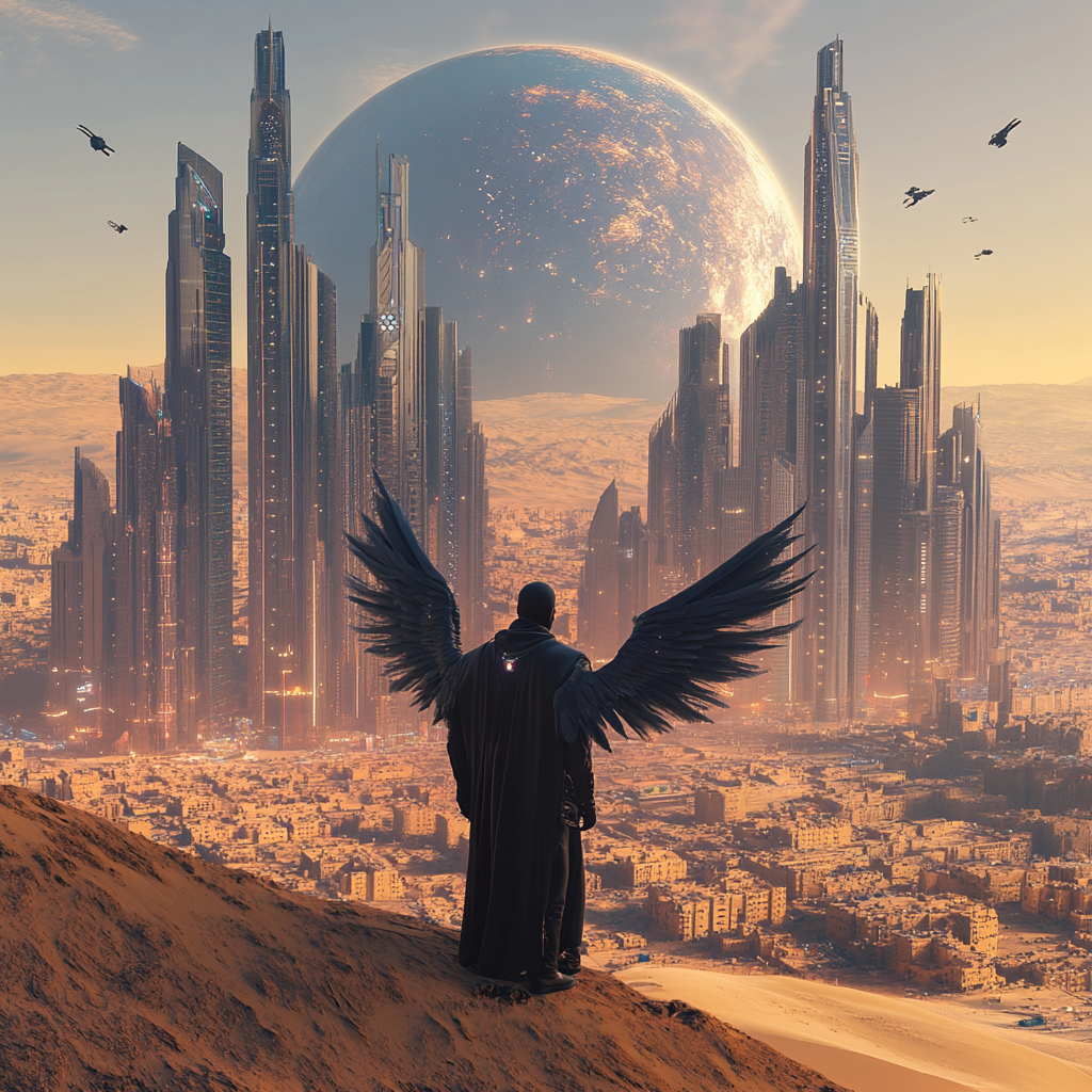 Saudi man with wings gazes at futuristic Riyadh city.