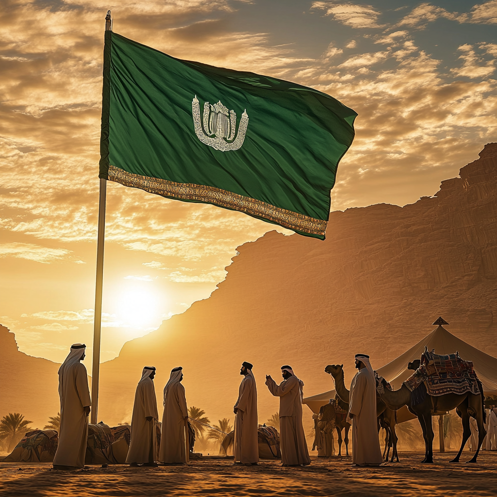 Saudi men proudly raise green flag in desert sunset.