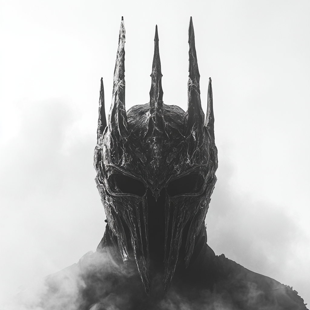 Sauron helmet in fog with cinematic lighting.