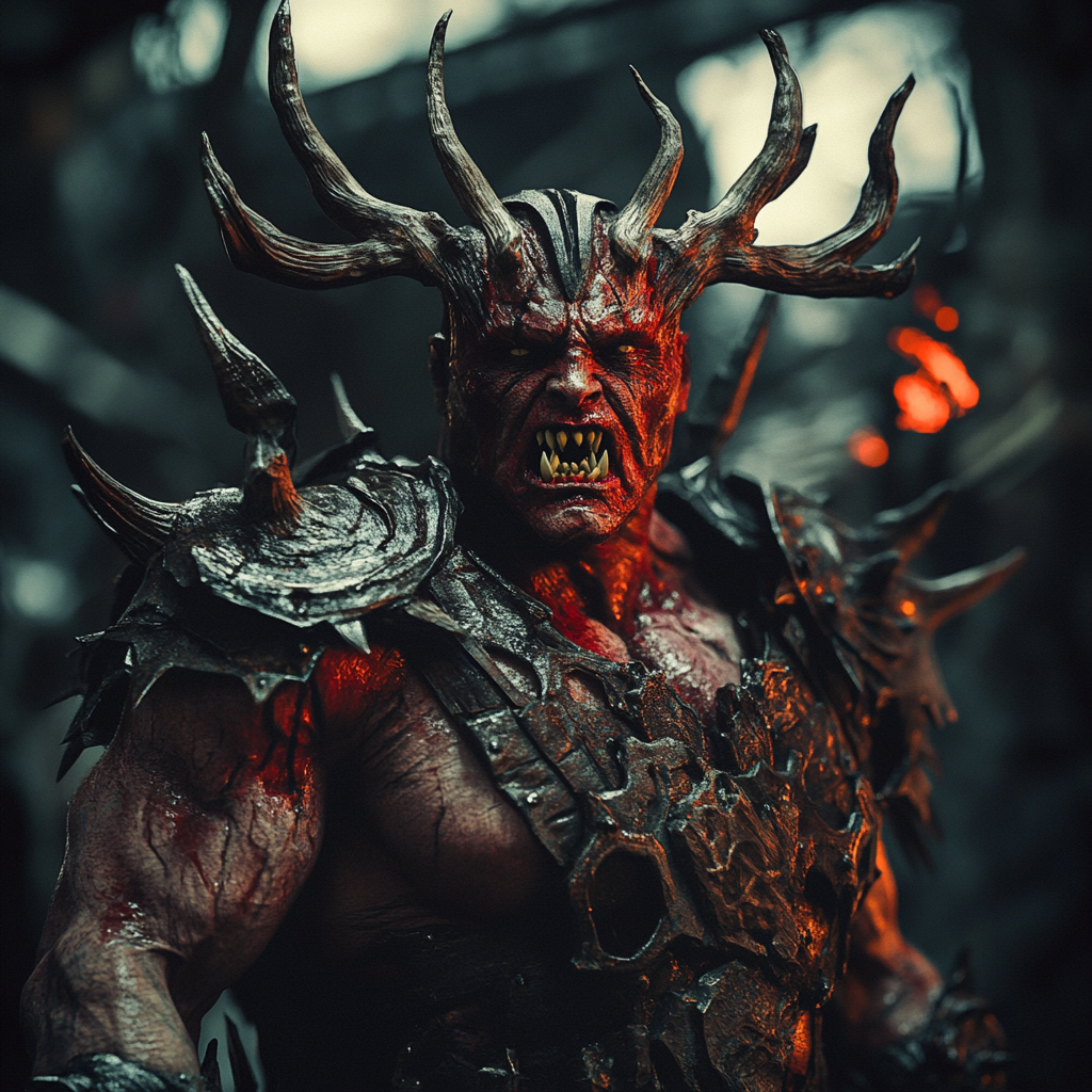 Savage warrior with antlers and red skin in gothic armor