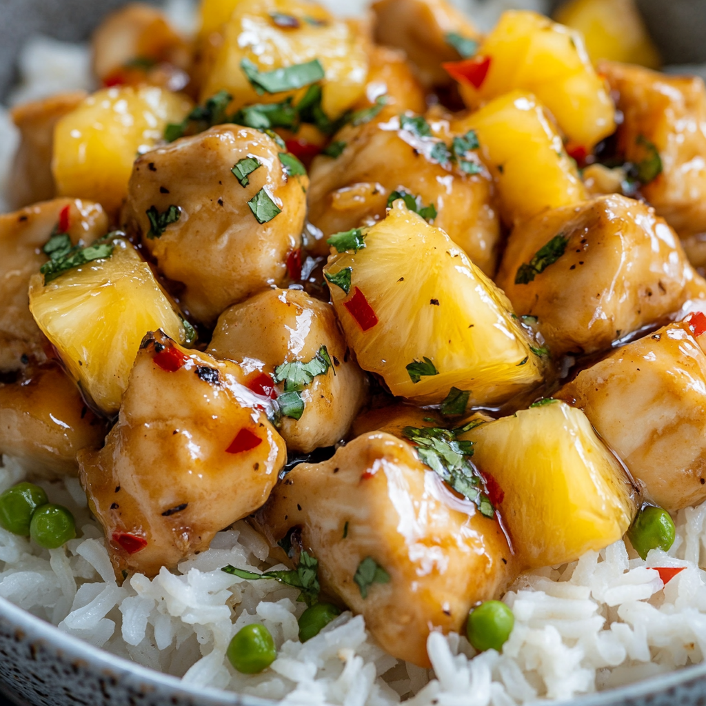 Savory-sweet pineapple chicken rice dish with fresh herbs, chili.