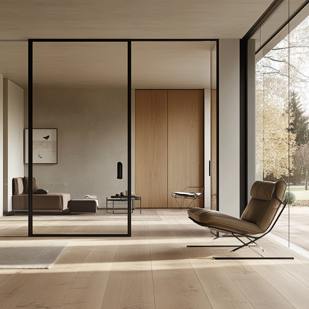 Scandinavian design: airy, light materials, glass elements, neutral tones.