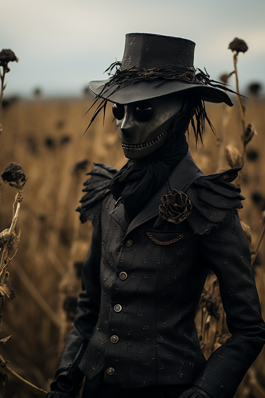 Scarecrow doll in field with evil crows.