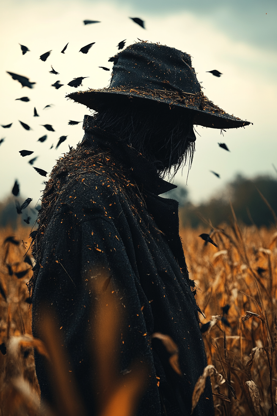 Scarecrow in field, evil crows, gothic setting.