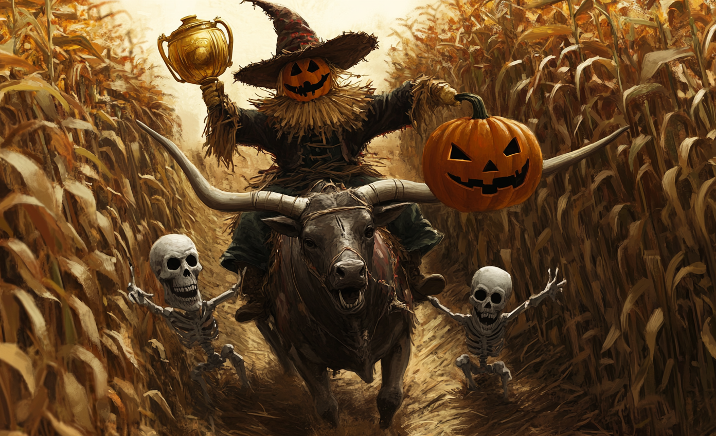 Scarecrow rides longhorn, finds trophy in corn maze