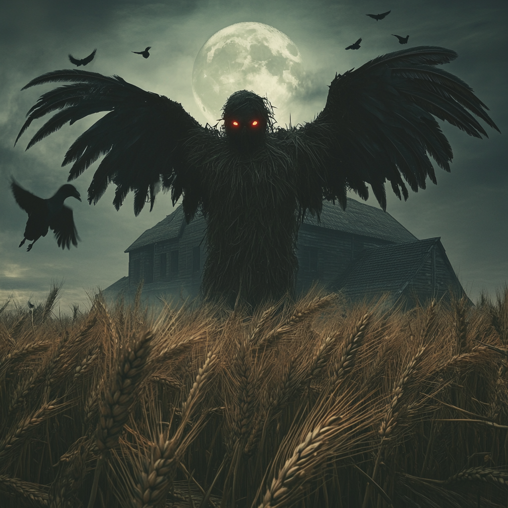 Scarecrow with wings on wheat farm at night