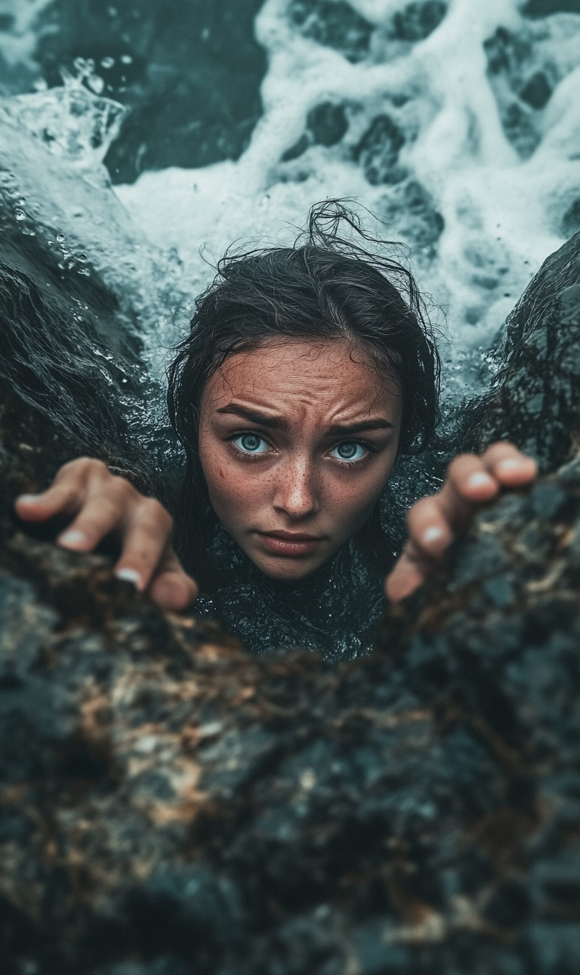 Scared Person on Cliff Looking Up - Stormy Weather