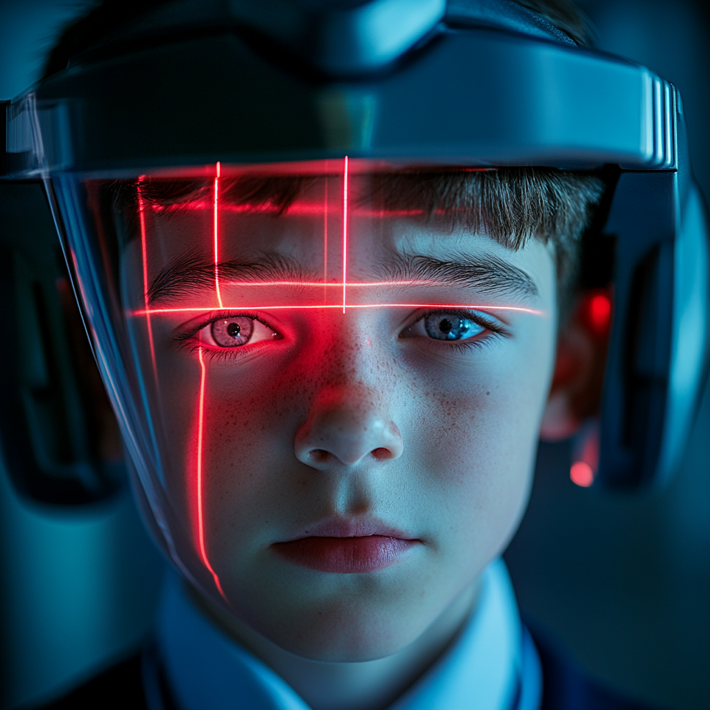 Scared boy in school uniform being scanned closely.