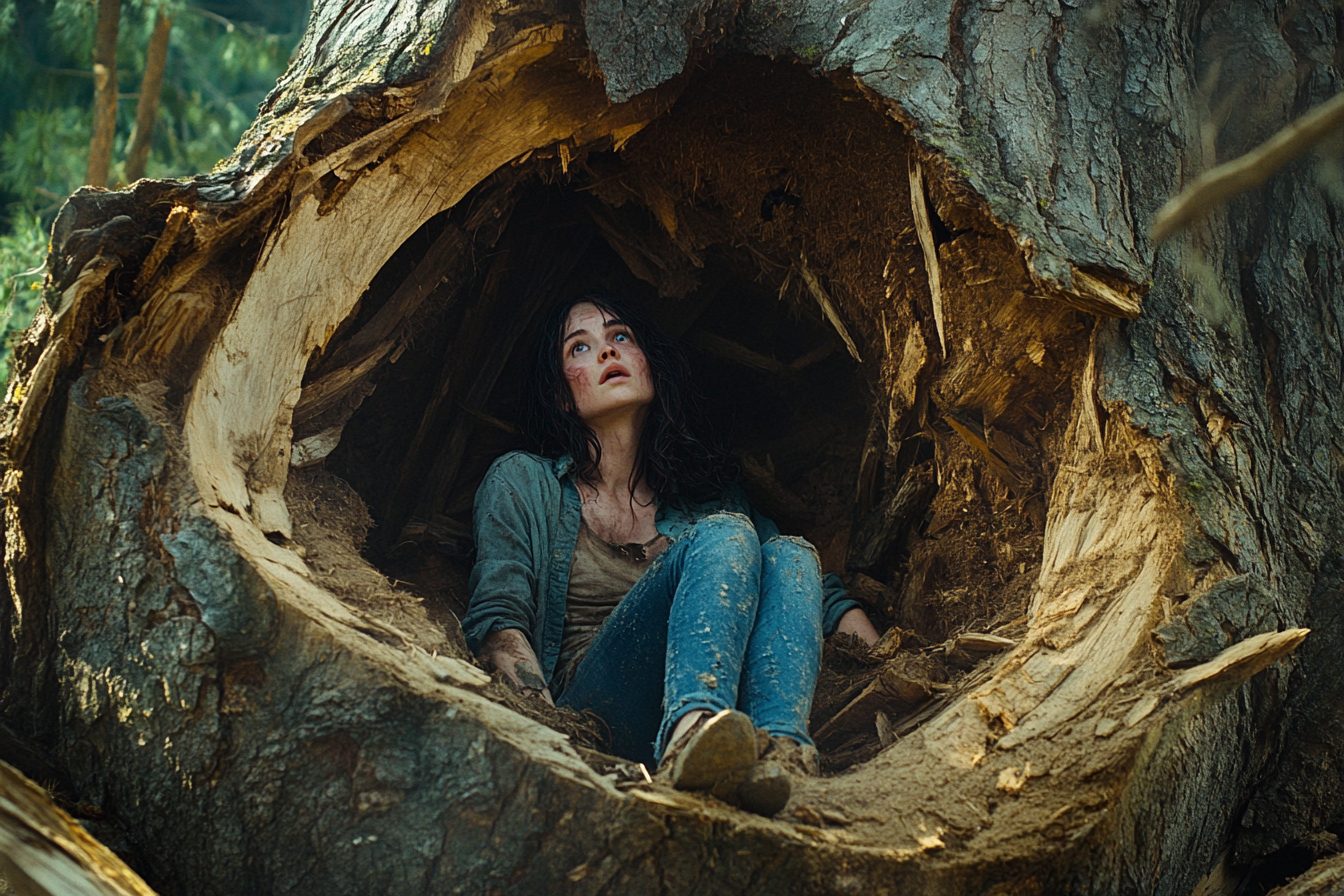 Scared girl in destroyed forest seeks shelter