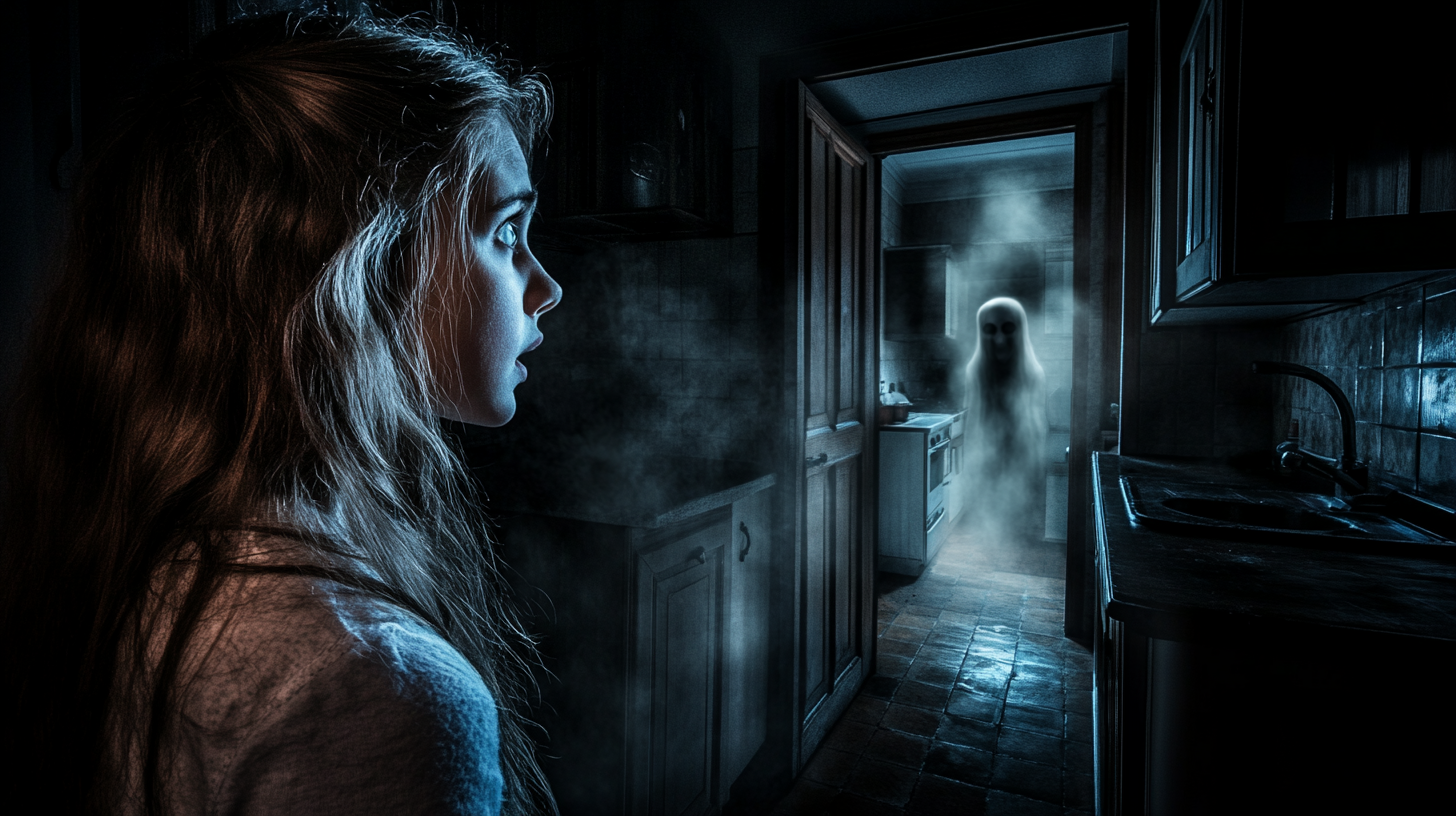 Scared girl looks into dark kitchen, sees ghost