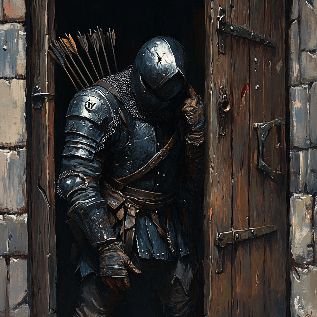 Scared guard at tavern door with arrows.