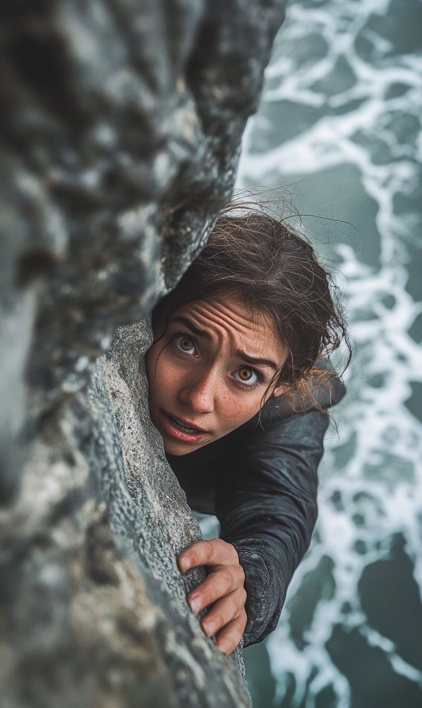 Scared person looking up at camera above cliff.