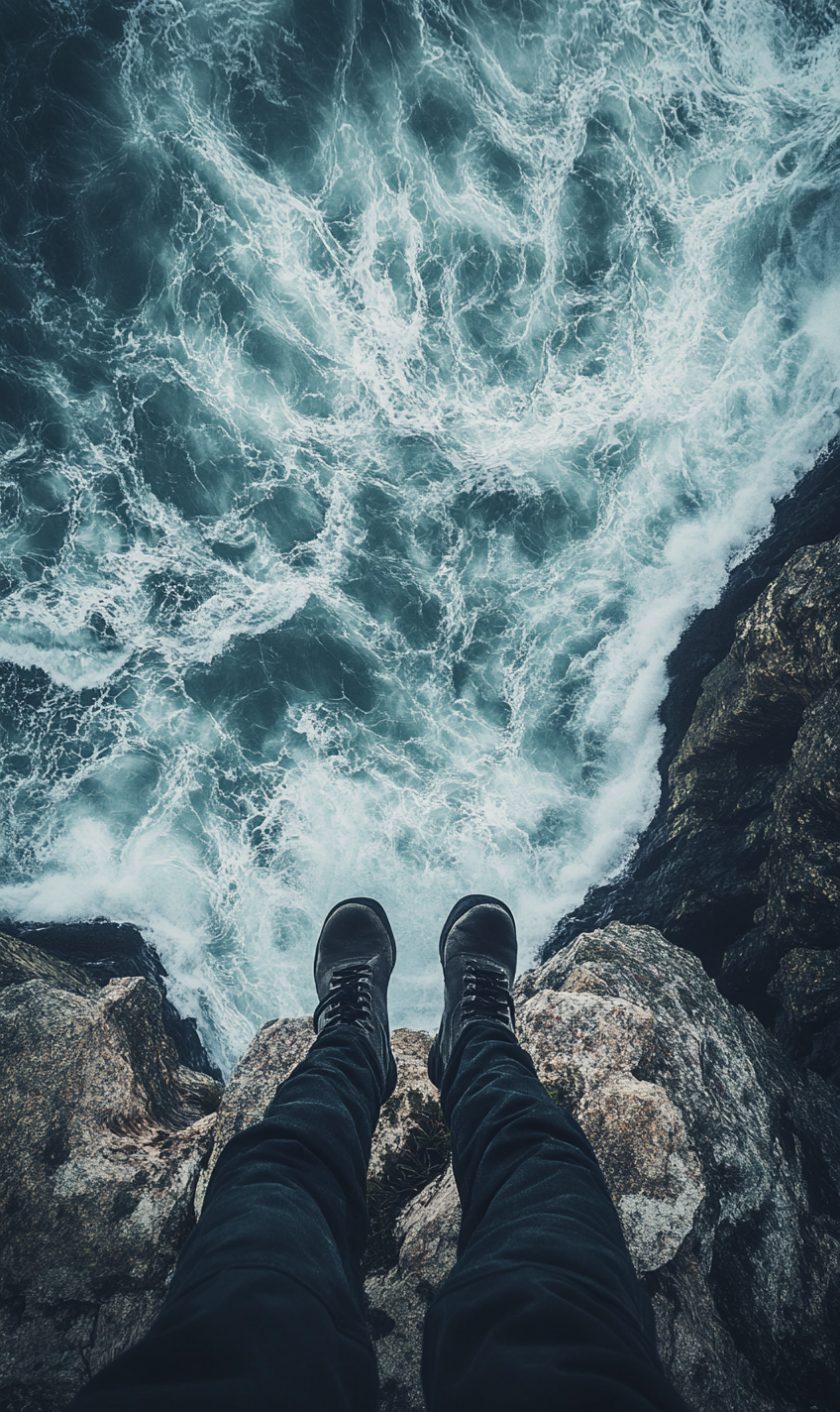 Scared person on cliff in stormy weather