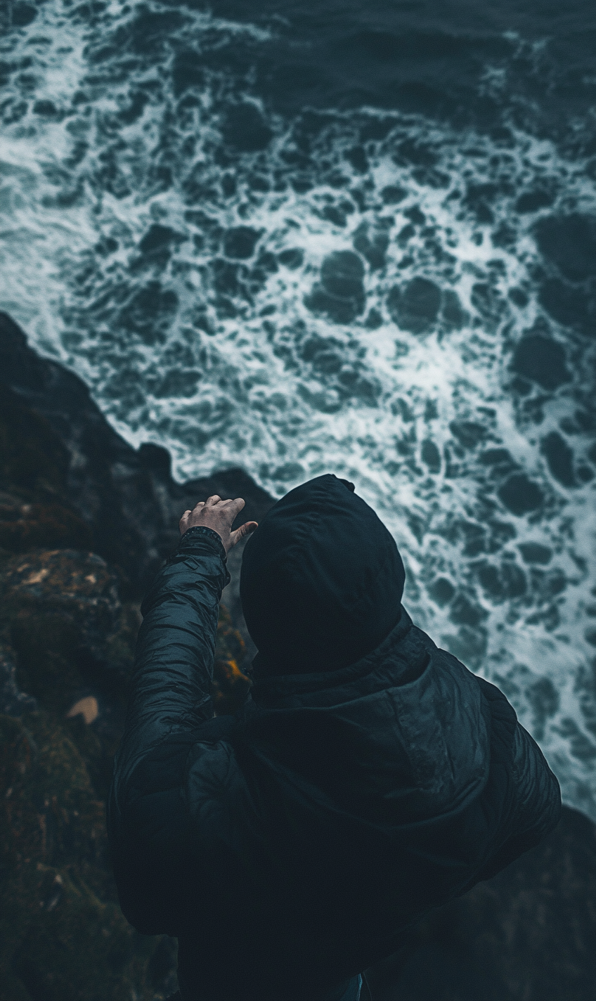 Scared person on cliff under stormy sky.