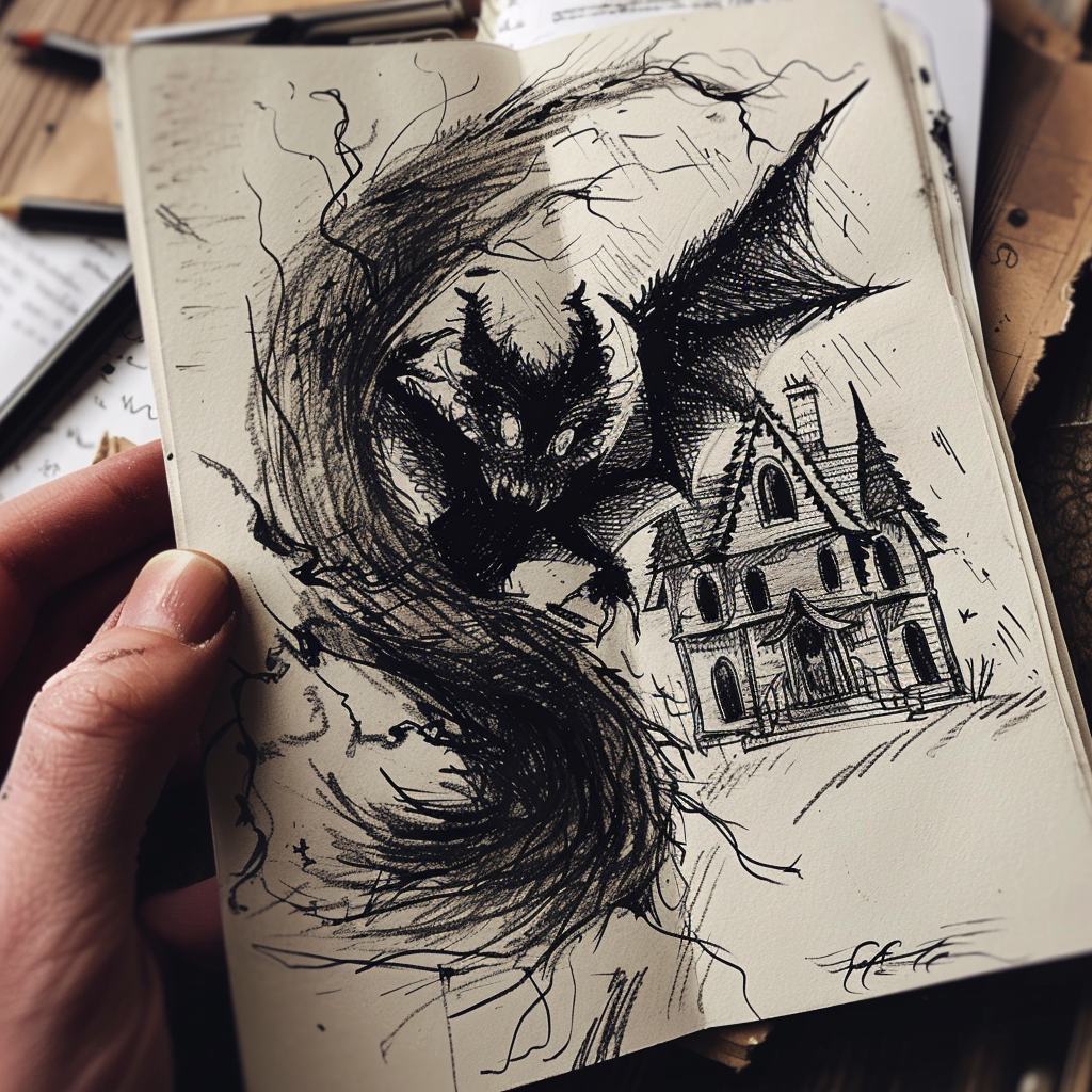 Scared winged devil in tornado sketch, tudor house