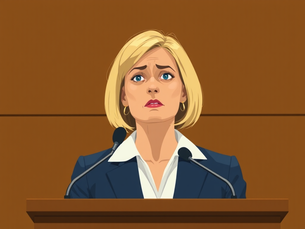 Scared woman defends herself in court, minimalistic illustration.