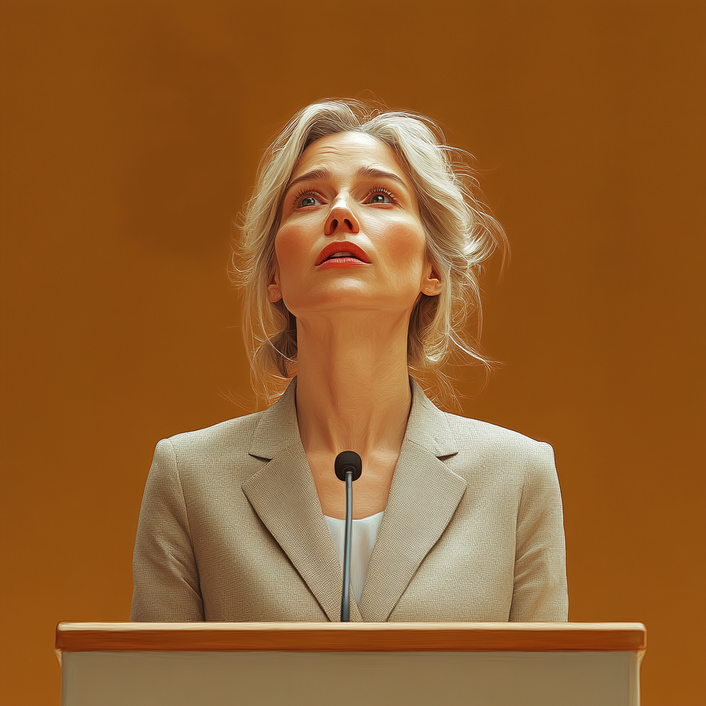 Scared woman facing court at podium, minimalist style art.