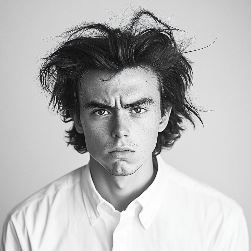 Scared young man in retro outfit on white background.