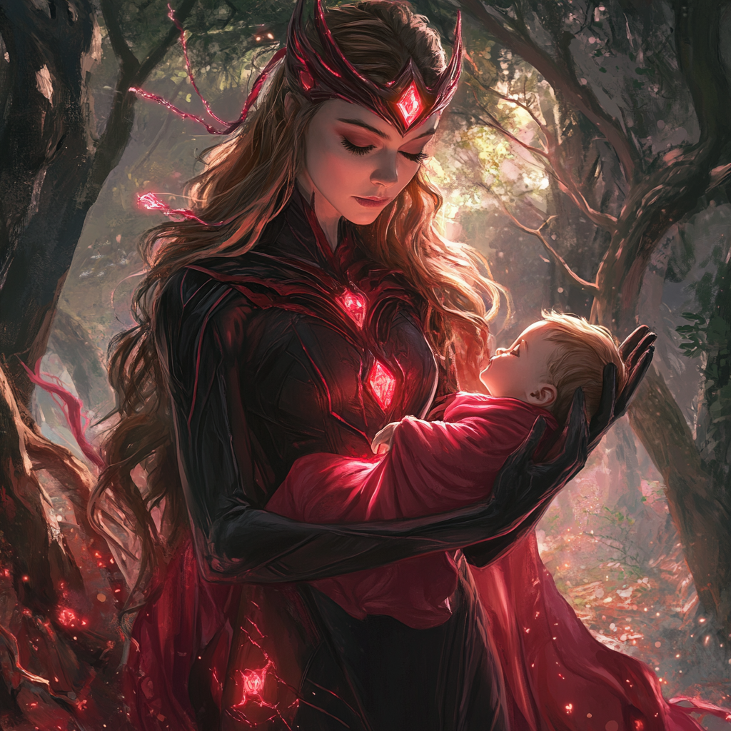 Scarlet Witch female version with baby in enchanted forest.