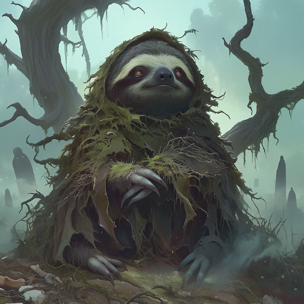 Scary Sloth in Haunted Forest: Gritty Atmosphere