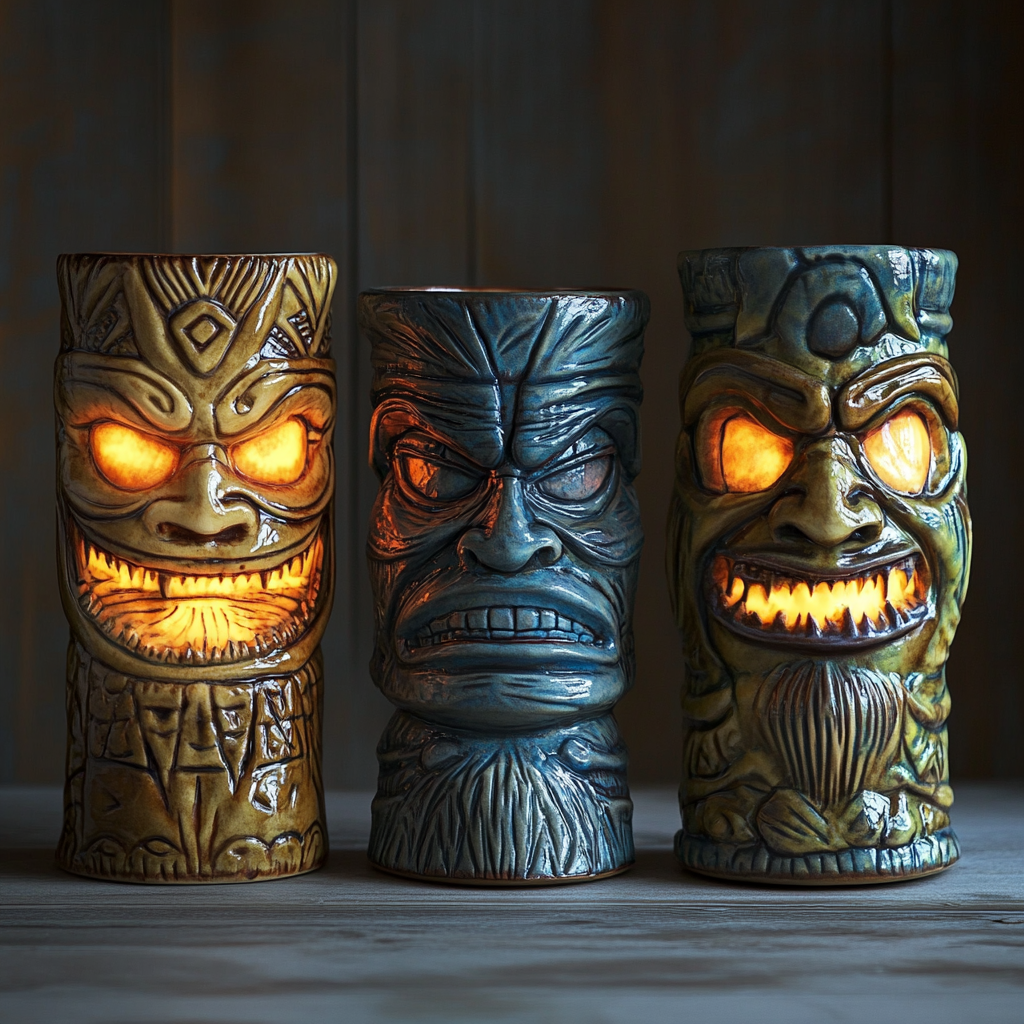 Scary ceramic tiki mugs with exotic Polynesian vibes.